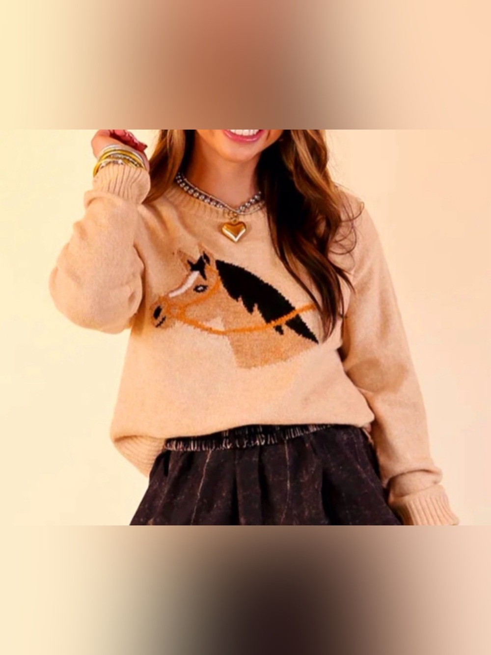 Simply southern Cream Horse Intarsia Crewneck Sweater